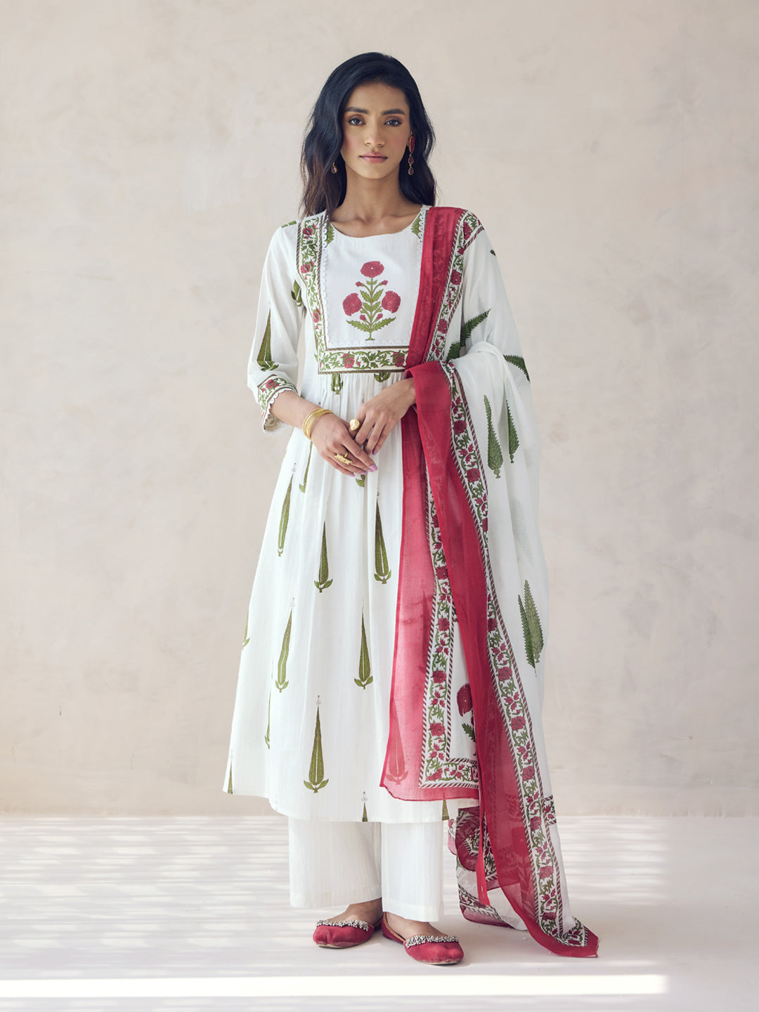 FIORRA Women's Off-White Printed Anarkali Kurta Set with Dupatta